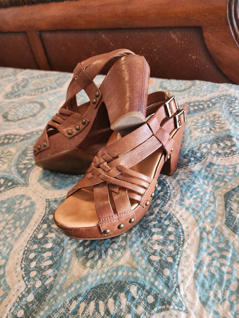 Kork-Ease Brown Strappy Boho Block Heel Platform Sandals Brass Studded Details